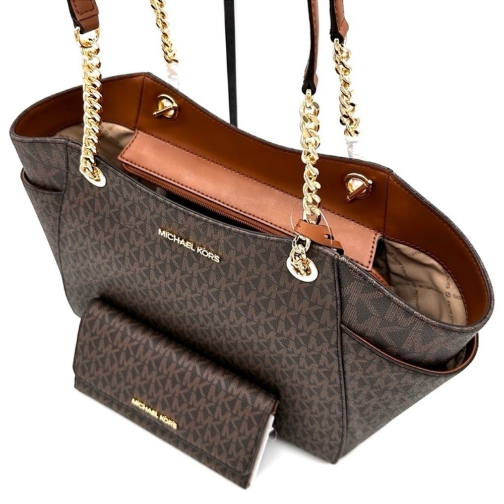 Michael Kors Large Jet Set Travel Chain Shoulder Bag & Trifold Wallet Brown - Picture 10 of 14